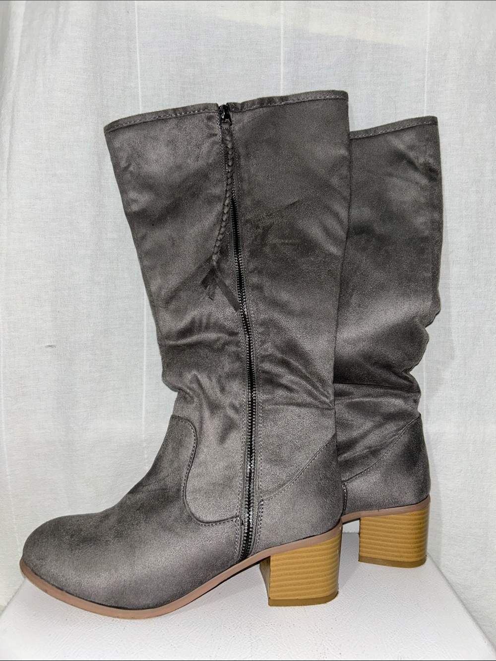 Women's Gray Mid-Calf Heeled Boots with Side Zip